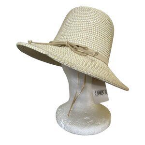 Lucky Brand Cream Woven Wide-Brim Hat With Ribbon Bow Detail Boho Beach Summer